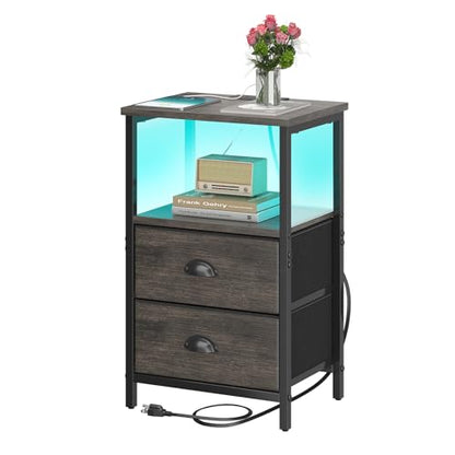 sthmec Nightstand with Charging Station, LED Night Stand with 2 Fabric Drawers, Bedside Tables End Table with Drawers, 2-Tier Storage Side Table Nightstand with Drawers for Bedroom, Black Oak - color: Black Oak