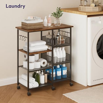 SWTYMIKI Kitchen Island Cart on Wheels - 28.35x14.57in Rolling Kitchen Table Cart with Storage Shelves, 6 Removable Hooks& Locking Casters, Coffee Bar Cabinet for Dining Room Pantry Office, Espresso - size: 28x14.57in, style: Espresso