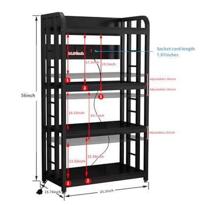 Bakers Rack with Power Outlet ，Microwave Stand 4-Tier Kitchen Baker's Rack, Free Standing Baker's Rack Kitchen Stands with Storage Suitable for Kitchen, Living Room, Dinning Room，Coffee Bar (Black) - color: Black