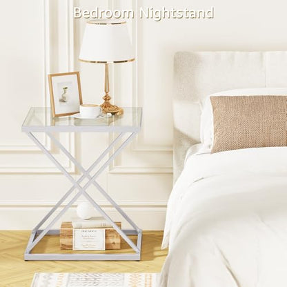 Square End Table with Tempered Glass Top, Stylish X-Shaped Metal Frame, Living Room Coffee Table, Sofa Side Table, Accent Tables for Small Spaces, Modern Bedside Table for Bedroom (Silver) - color: Silver, style: Style 3