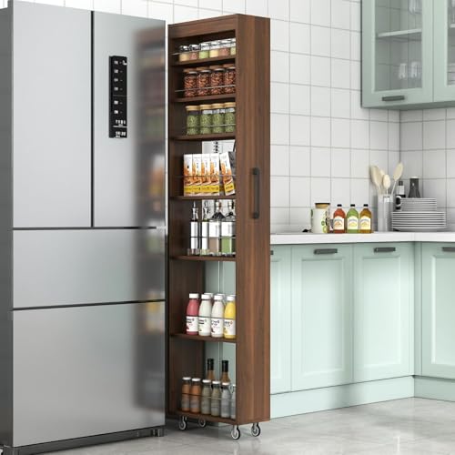 7 Tier Slim Rolling Storage Cart, 68.35" Tall Narrow Pull Out Pantry Organizer Shelves for Kitchen Laundry Bathroom, Space Saving Mobile Utility Cart with Wheels & Handle, Walnut - color: Walnut
