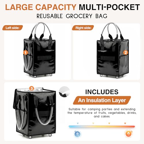 Large Reusable Grocery Bag on Wheels, Foldable Rolling Tote Bag with Handle and Zipper for Market Laundry Travel - color: Black