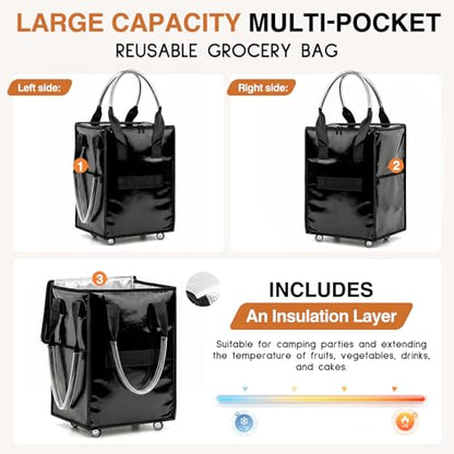 Large Reusable Grocery Bag on Wheels, Foldable Rolling Tote Bag with Handle and Zipper for Market Laundry Travel - color: Black