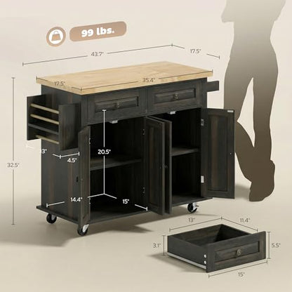 HOMCOM Kitchen Island Cart with Solid Wood Top 44" Mobile Brown Oak | Kitchen Island Table, on Wheels, Storage Cabinets, 2 Drawers, Adjustable Shelves, Spice Rack & Towel Bar, for Dining Room - color: Brown Oak
