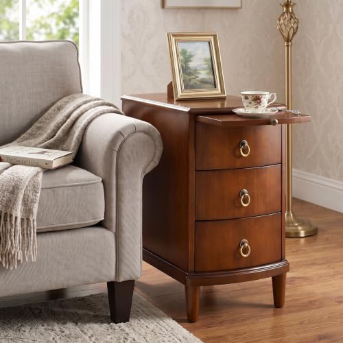 Solid Wood End Table with 3 Drawers and Slide-Out Coffee Tray | Cherry Red American Beside Table, Sofa Chair Side Table Nightstand for Living Room Bedroom, Rustic Wood Grain Accent Table - size: 22.6" Wood End Table