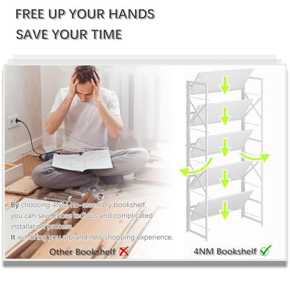4NM 6 Tiers No Assembly Book Shelves, 61.8" H Folding Bookshelf Bookcase Open Industrial Foldable Shelves for Bedroom, Living Room, Home Office - All White - color: All White, size: XX 6-Tier