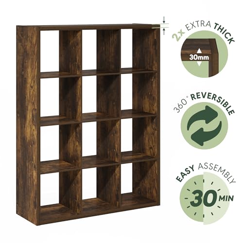 Furinno Cubicle Book Shelf, 12-Cube Bookshelf, Extra Thick Frame Reversible Bookcase with Open Back, 14.6" x 44" x 58", for Living Room, Bedroom, Home Office, Amber Pine - color: Amber Pine, size: 12-Cube,1.2In