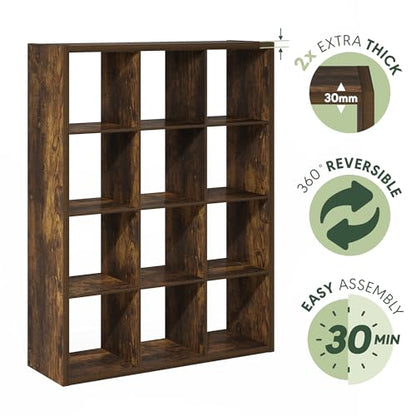 Furinno Cubicle Book Shelf, 12-Cube Bookshelf, Extra Thick Frame Reversible Bookcase with Open Back, 14.6" x 44" x 58", for Living Room, Bedroom, Home Office, Amber Pine - color: Amber Pine, size: 12-Cube,1.2In