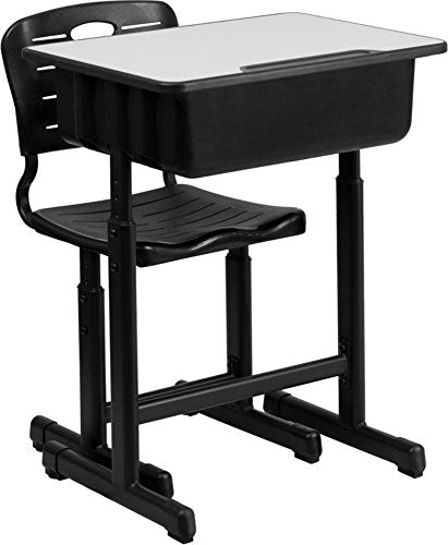 Flash Furniture Adjustable Student Desk and Chair Set for Classrooms or Remote Learning, Adjustable School Desk with Chair and Book Box, Gray/Black | Black Pedestal Frame, Adjustable , Commercial Use