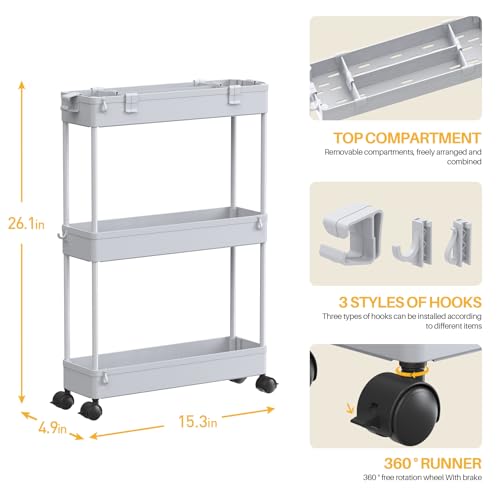 Slim Storage Cart 3 Tier,Bathroom Organizer Rolling Utility,Mobile Shelving Unit Slide Out for Office, Kitchen, Laundry Room & Narrow Places,Gray - color: Grey