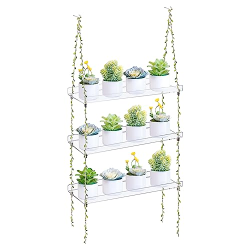Sumerflos Acrylic Window Boxes Plant Shelves 3 Tier - Clear Hanging Shelf Indoor Jute Twine Adjustable Plant Holder for Window Wall Living Room Balcony Natural - color: Clear-twine, size: 3-Tier