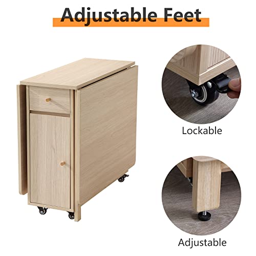 Drop Leaf Folding Dining Table with Storage, Wheels, Space Saving | Foldable Design, 18mm Thick Plywood, 300 lbs Capacity, Locking Wheels, Farmhouse Style, for Living Room Kitchen Small Spaces - color: Wood