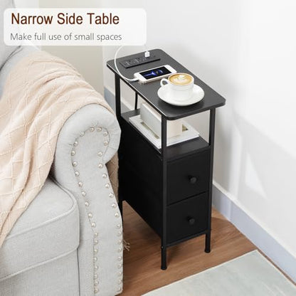 LOAKEKEL Narrow Nightstand with Charging Station, End Tables Living Room Set of 2, Skinny Side Table with Fabric Drawers, Slim Sofa Table for Bedroom, Small Spaces, Couch, Black, HETNDP02BK - color: Black, style: Power