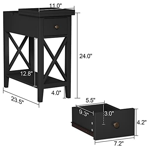 ChooChoo End Table, Flip Top Narrow End Table with Drawer | Narrow Side Table with Flip Top, Accent Small Side Table Nightstand for Living Room, Bedroom, and Small Spaces, Black - color: Black, size: 1 Pack, style: Without Power