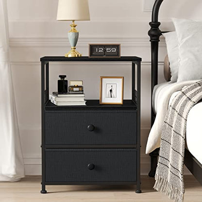 EnHomee 17.8" W Nightstand, End Table with Fabric Drawers and Open Wood Shelf Storage,Safety Netting on 2 Sides of Night Stand,Bedside Table with Metal Frame for Bedroom,Closet, Dorm,Black and Gray - color: Black and Gray