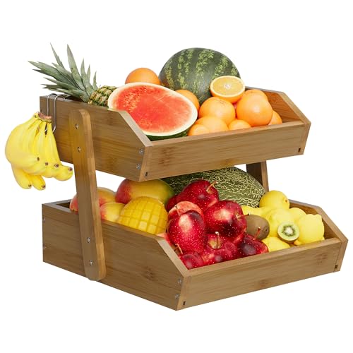 Hellojin Bamboo 2 Tier Fruit Basket For Counter, Large Capacity Fruit Storage Countertop, Fruit Holder, Wooden Pantry Organizers and Storage, Kitchen Countertop Organizer With 2 Banana Hangers (Brown) - color: Walnut-2 tier