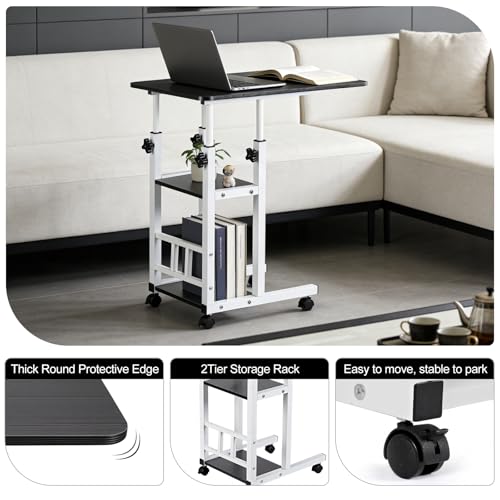 Adjustable C Table,Over Bed Table with Wheels,Rolling Side Table, Over Bed Table with Wheels, Bedside Table, for Sofa Side Small Space, Stable Multi Storage Desk, Black - color: Black
