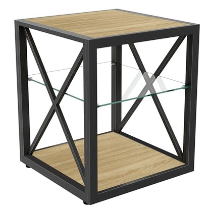 Bellemave 1 piece Side Table for Bedroom & Living Room, Modern End Table with 3-Tier Storage Shelve, Tempered Glass & Wood MDF, X-Frame Metal Support, Nightstand for Small Spaces, Natural - style: with glass