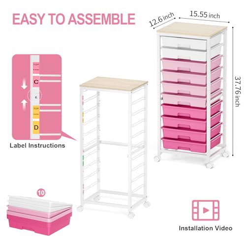 SYKIARIOL Rolling Cart with Drawers,10 Drawer Rolling Cart,Storage Cart,Utility Cart,Teacher Cart for Classroom Storage,Craft Cart with Wheels and Wooden Tabletop,Pink - color: Pink