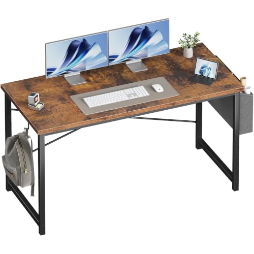OLIXIS 55 Inch Computer Desk for Home Office, Writing Study Craft Gaming Table, Modern Computer Workstation with Storage Bag and Headphone Hook for Bedroom Small Spaces, Rustic Brown - color: Rustic Brown, size: 55 Inch with Hook