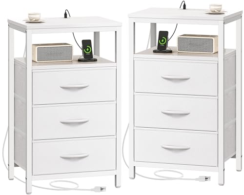 Huuger Nightstands Set of 2, 27.6 Inch End Tables with Charging Station, Bedside Tables with Drawers, PU Leather Finish, USB Port and Outlet, Night Stands for Bedroom, White - color: White, size: 11.8"D x 15.7"W x 27.6"H (3 Drawers)