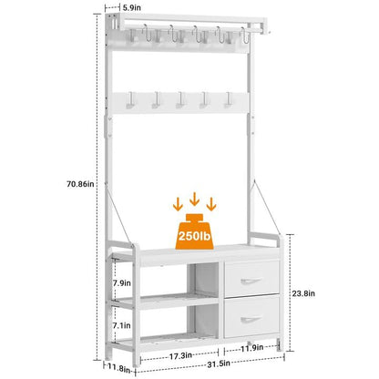 Lulive Hall Tree with Bench and Shoe Storage, 31.5” Coat Rack Freestanding | White, 5 in 1 Intelligent Design, 17 Hooks, 2 Drawers, Handy Clothes Rail - color: White, size: 11.8"D x 31.5"W x 70.9"H