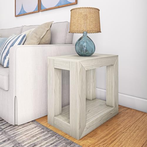 Plank+Beam Modern Rectangular Side Table with Shelf, 25", Solid Wood Narrow End Table for Living Room with Storage, Compact Bedside Table for Small Spaces, White Sand Wirebrush - color: White Sand Wirebrush, size: 25 Inch Rectangular Table with Shelf