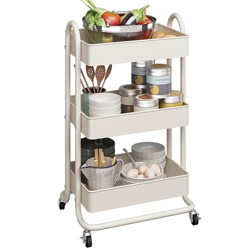 MIOCASA 3-Tier Metal Utility Rolling Cart, Heavy Duty Multifunction Cart with Lockable Casters, Easy to Assemble, Suitable for Office, Bathroom, Kitchen, Garden - style: White