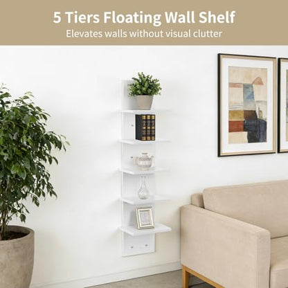 5 Tiers Floating Wall Shelf, Small Vertical White Floating Shelf for Narrow Spaces, Modern Wall-Mounted Decorative Shelves for Bedroom Living Room, Lightweight Wood-Plastic - size: 1PCS