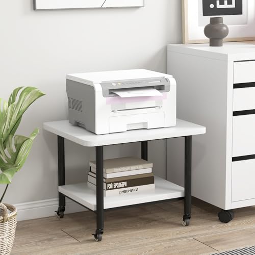 Tangkula Printer Stand with Storage, Under Desk Printer Table with 4 Wheels & Locking Mechanism, 2-Tier Rolling End Table Storage Rack for Bedroom, Living Room, Study - color: White