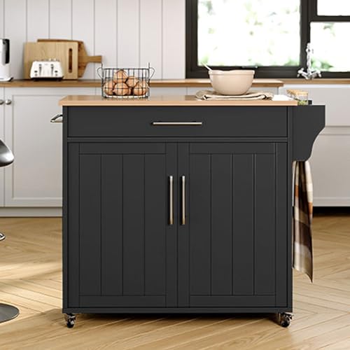 Kitchen Island with Storage, Wooden Countertop Rolling Kitchen Island On Wheels Storage Cabinet, Mobile Kitchen Island Cart with Towel Rack, Spice Rack and Drawers,Black - color: Black