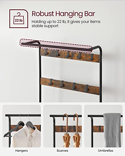 VASAGLE Coat Rack, Hall Tree with Shoe Bench for Entryway, Entryway Bench with Coat Rack, 4-in-1, with 9 Removable Hooks, a Hanging Rod, 13.3 x 33.1 x 72.1 Inches, Rustic Brown and Black UHSR400B01 - color: Rustic Brown + Black, size: 33.1"W