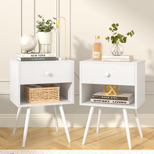 VECELO Nightstands Set of 2, Mid Century Modern End Bedside Table, Night Stand with Storage Drawer and 2 Tiers Open Shelf for Small Place, Bedroom, Living Room, Easy Assembly, Pure White - color: Pure White