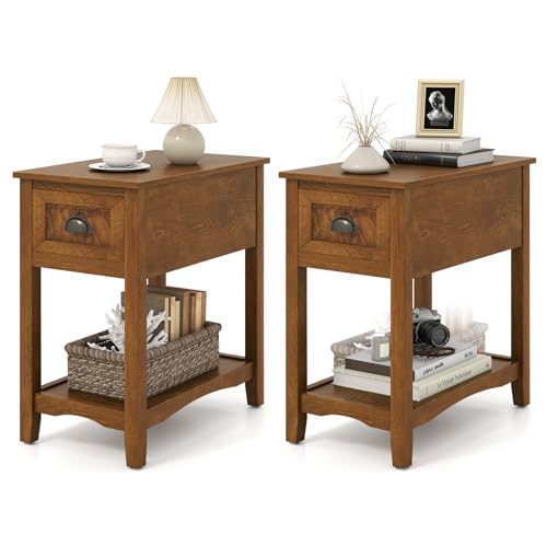 Giantex End Table with Drawer, Retro Narrow Side Table, Nightstand with Solid Wood & Storage Shelf, Bedside Table for Living Room Bedroom Small Space Home Office (2, Tawny) - color: Tawny