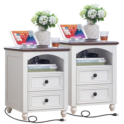 RWYHG 18" Night Stand Set 2 with Charger Station, Nightstand with 2 Drawers | Farmhouse Modern Bedside Table, Open Storage Shelf, Solid Wood Legs, White Bed Side End Tables for Bedroom Living Room - color: Elegant White, size: 18"D x 18"W x 24"H (2 Drawer