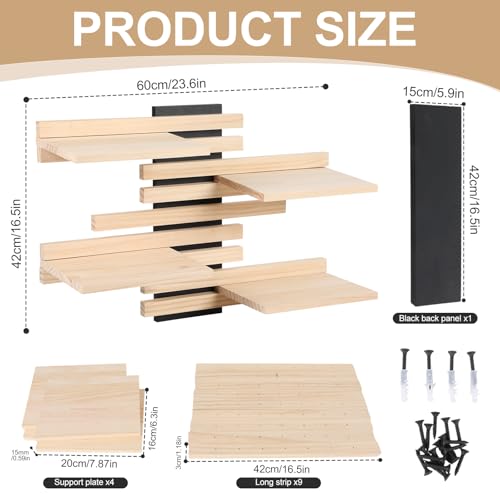4-Tier Adjustable Wooden Floating Shelf Space-Saving Wall Mounted Shelf with Multiple Customizable Layouts Display Rack for Figurines Doll Small Plant Statue Wall Organizer for Living Room Bedroom