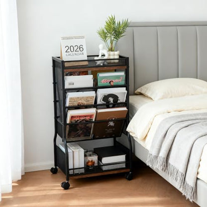 8-Tier Rolling Book Cart with Lockable Wheels, Double-Sided Storage Bookshelf for Narrow Spaces, Mobile Organizer Cart for Office, Library and Home