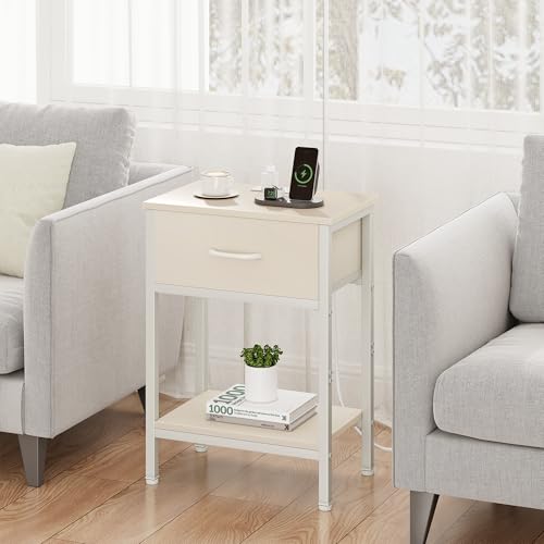 Vagusicc Nightstand Set of 2 with Charging Station, Bed Side Table with Fabric Drawer, Small End Table with 2-Tier Storage Shelves, 25.4" Tall Night Stand Bedside Table for Bedroom Living Room, Beige - color: Beige (2 Pack)