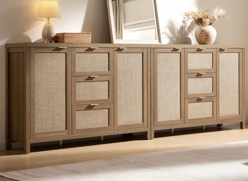 SICOTAS Rattan 52 Inch Sideboard Buffet Coffee Bar Cabinet with 3 Drawers | 2 Pieces Farmhouse Boho Credenza Storage Cabinet with Large Storage, Console Table for Living Room, Kitchen, Entryway - color: Reclaimed Caramel Oak, size: 2 Pieces