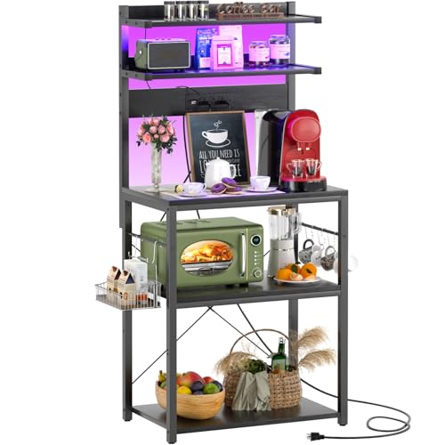 Aheaplus Bakers Rack with Power Outlet, Microwave Stand, 5 Tiers Coffee Bar Station with Led Lights, Kitchen Storage Shelf with 6 S-shaped Hooks, Kitchen Rack for Spices, Pots and Pans, Black - color: Black, size: 23.6 inch