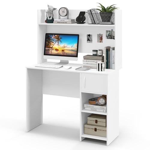 Tangkula Computer Desk with Hutch, Home Office Desk with Raised Display Shelf & 2 Open Shelves, Cabinet with Door, Cable Management Holes, Modern Laptop PC Desk, Study Writing Desk for Bedroom
