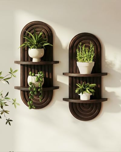 Bamworld Boho Wall Decor Plant Wall Shelf Wood Plant Holder Walnut 2PCS | Mid Century Modern Decor Hanging Plant Shelf Wooden Floating Shelves for Home Bedroom Living Room Holding Planter Decoration - color: Walnut, size: 16.7''-2 Pcs