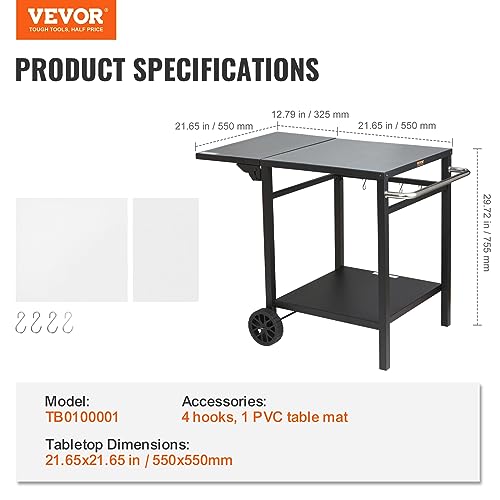VEVOR Outdoor Grill Dining Cart with Double-Shelf, BBQ Movable Food Prep Table, Multifunctional Foldable Iron Table Top, Portable Modular Carts for Pizza Oven, Worktable with 2 Wheels, Carry Handle - size: 21.65"D x 21.65"W x 29.72"H, style: Iron Table To