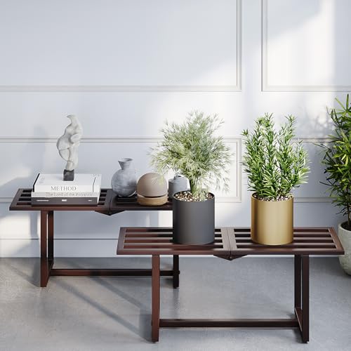 Plant Stand Indoor Outdoor, Foldable Metal Plant Shelf for Multiple Pots, Mid Century Slatted Bench for Patio Garden, Heavy Duty Capacity 330 lbs 2 Pack Coffee - color: 1 Tier Coffee