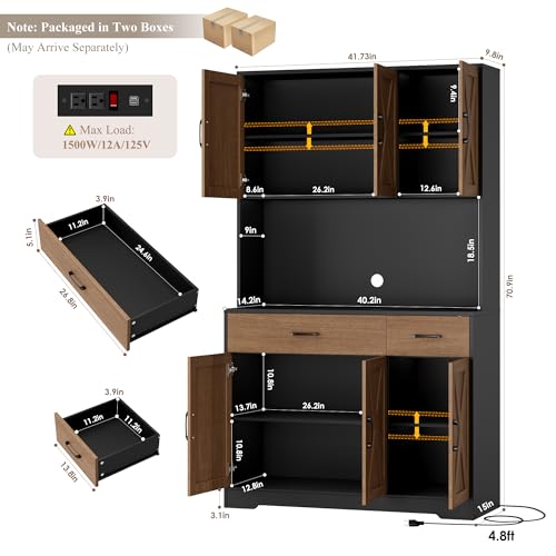 HOSTACK 71" Pantry Cabinet with Charging Station, Tall Kitchen Pantry Storage Cabinet with Microwave Stand, Farmhouse Kitchen Hutch with Storage Drawers for Living Room, Dining Room, Brown/Black - color: Brown/Black
