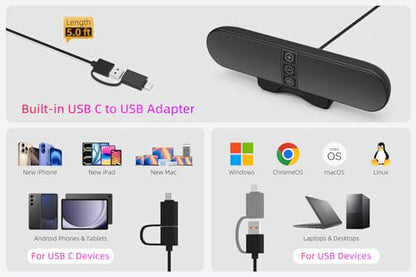 Computer Speakers for Desktop PC Monitor, USB Plug-in, Wired, Computer Soundbar for PC, Laptop Speakers with Adaptive-Channel-Switching, Loud Sound, Deep Bass, USB C Adapter, Easy to Clip on Monitor