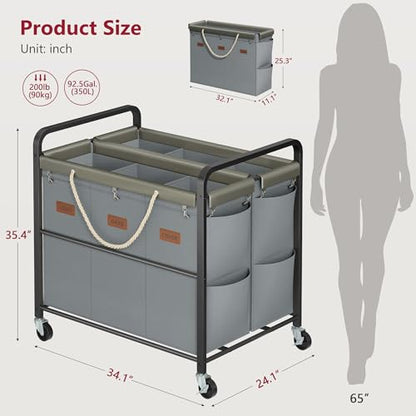 350L Extra Large Laundry Cart 6 Section, Grey | Large Capacity, Heavy Duty Lockable Wheels, Sturdy Metal Frame, Leather Patchwork, Removable Bags - color: Grey, size: 6 Bag 350L