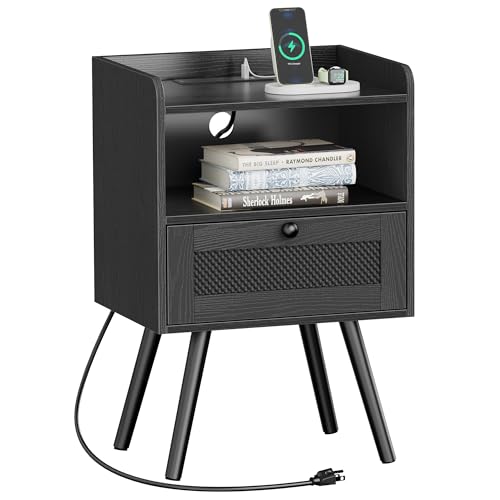 SUPERJARE Nightstand with Charging Station, Bedside Table with Texilene Surface Drawers, Rattan Side Table with Storage & Solid Wood Feet, End Table for Bedroom, All Black - color: Black With Wood Grain, size: 11.8"D x 15.9"W x 23.4"H (1 Drawers)