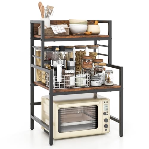 GOFLAME Microwave Stand Countertop, 3-Tier Microwave Oven Rack with Storage, Heavy-Duty Metal Frame, Multifunctional Tabletop Organizer Shelf for Kitchen, Home Office, 110lbs Capacity, Industrial