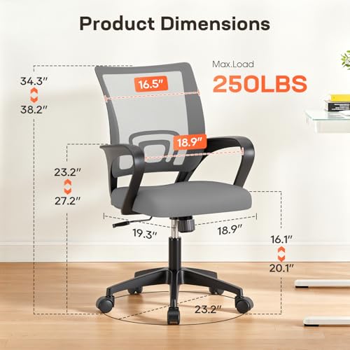 BestOffice Ergonomic Office Chair | Mid-Back Swivel Desk Chair | Grey | with Lumbar Support, Adjustable Height & Breathable Backrest | Sponge Seat & Rolling Wheels | for Home, Office | Pack of 1 - color: Grey, style: pack of 1